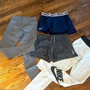 Under Armour navy shorts, grey Reebok shorts, Nike leggins, aerie leggings